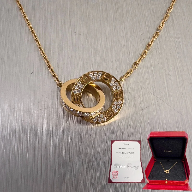 Ladies gold pendant necklace-Cartier Love 18k Rose Gold Diamond Pave Necklace 0.30ctw 16" BOX & CERTIFICATE