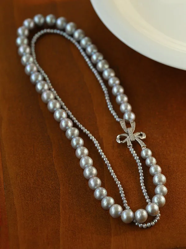 Ladies custom necklace design-Double-Layer Freshwater Gray Pearl Necklace