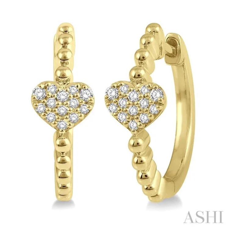 Ladies big hoop earrings-1/8 Ctw Heart Charm Center Round Cut Diamond Huggie Earrings in 10K Yellow Gold