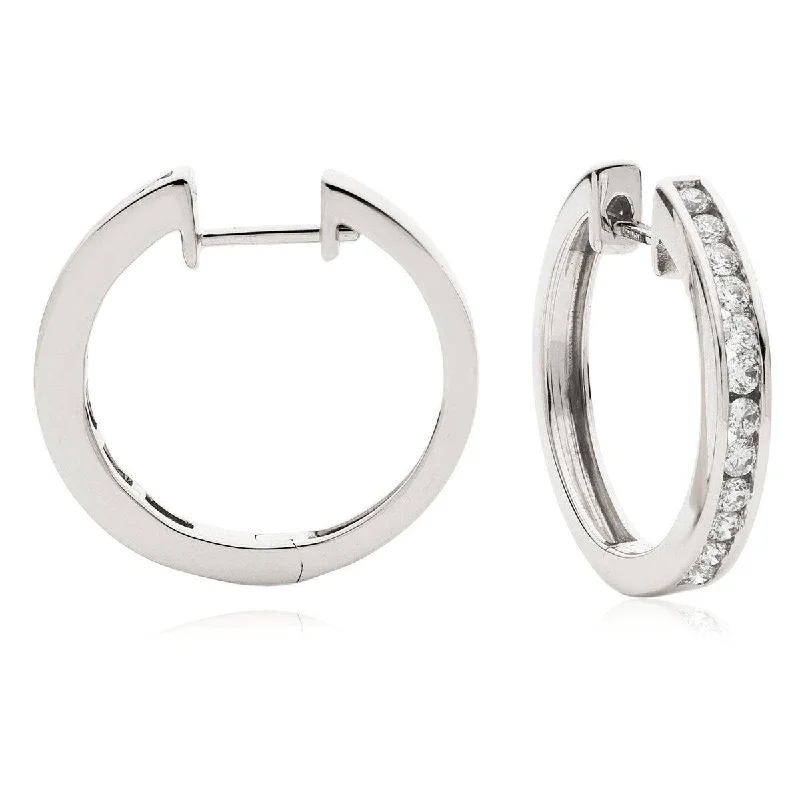 Ladies engraved earrings-DIAMOND CHANNEL SETTING HOOP EARRINGS IN 18K WHITE GOLD