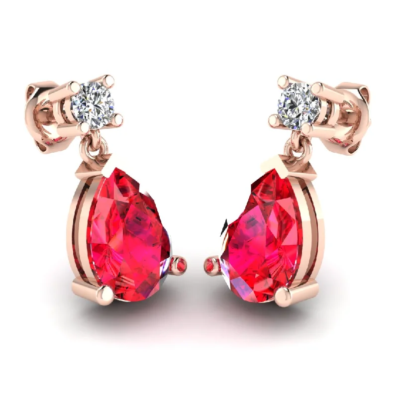 Ladies minimalist earrings-Pear Shape Ruby Natural Diamond Drop Earrings EDPSR