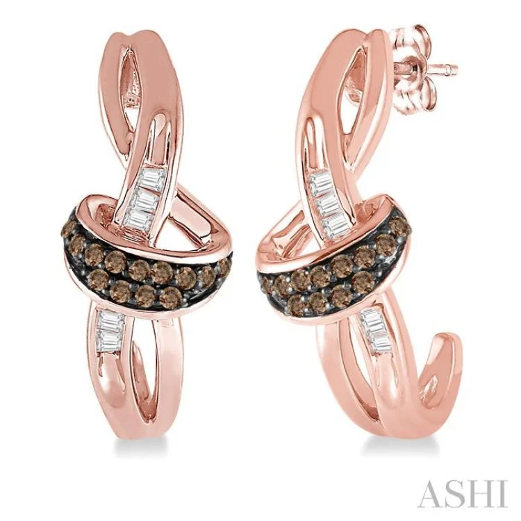 Ladies diamond drop earrings-1/6 Ctw Twirl Entwined Baguette & Brown Diamond Earrings in 10K Rose Gold