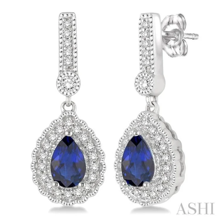 Ladies diamond earrings-6x4 Pear Shape Sapphire and 1/4 Ctw Round Cut Diamond Earrings in 14K White Gold