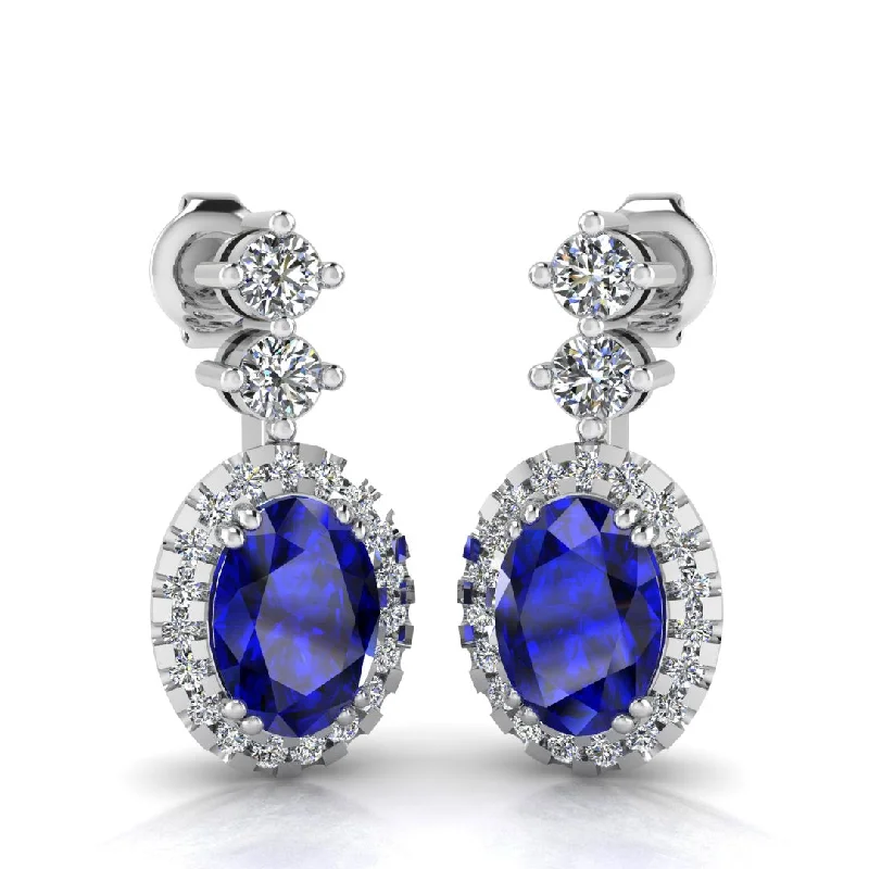 Ladies multi-stone earrings-Sapphire 1.40 Carat Oval Shape Halo Lab Grown Diamond Drop Earrings E1OCS