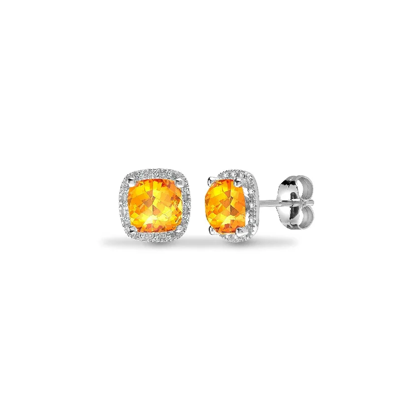 Ladies emerald earrings-CITRINE HALO STUD EARRINGS IN 9K WHITE GOLD