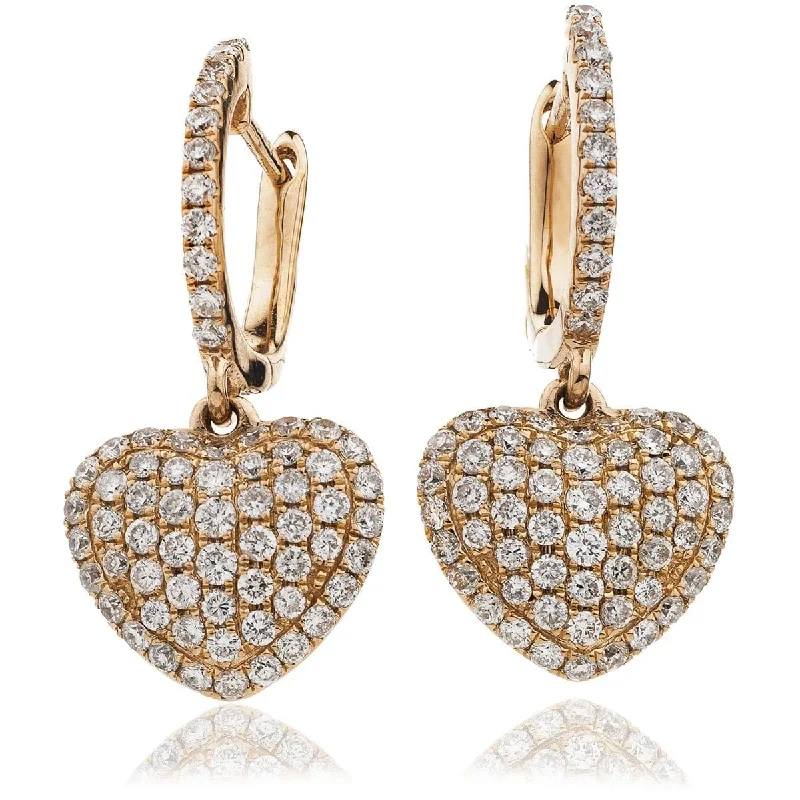 Ladies silver earrings-DIAMOND HEART SHAPE AND PAVE SETTING DROP EARRINGS IN 18K ROSE GOLD