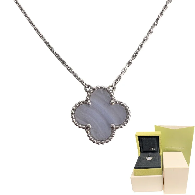 Ladies layered pendant necklace-Van Cleef & Arpels Vintage Alhambra 18k White Gold Chalcedony Necklace BOX CERT