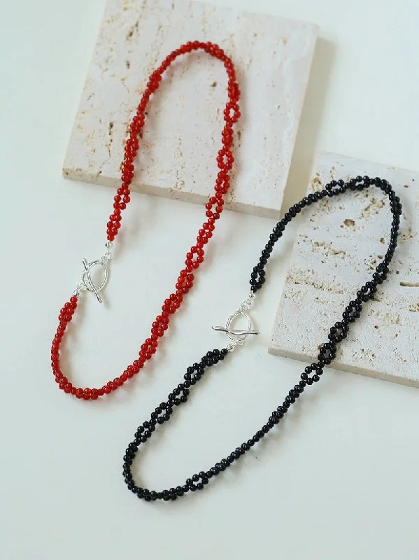 Ladies antique necklace-Braided Double Red Black Agate Beaded Choker