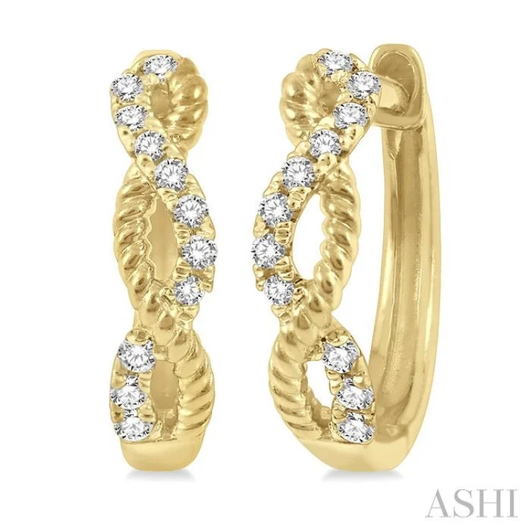 Ladies clip-on earrings-1/10 Ctw Split & Twisted Rope and Round Cut Diamond Huggie Earrings in 10K Yellow Gold