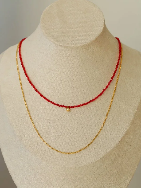 Ladies layered pendant necklace-Red Spinels Small Gold Bean Necklaces