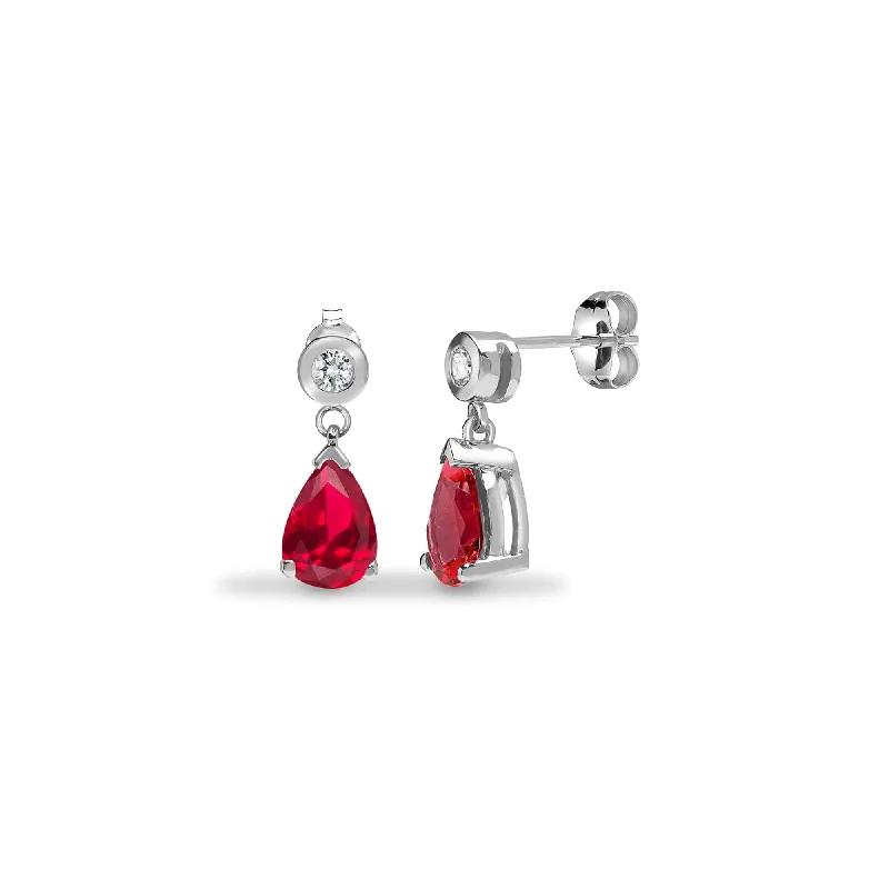 Ladies engagement earrings-RUBY DROP EARRINGS IN 9K WHITE GOLD