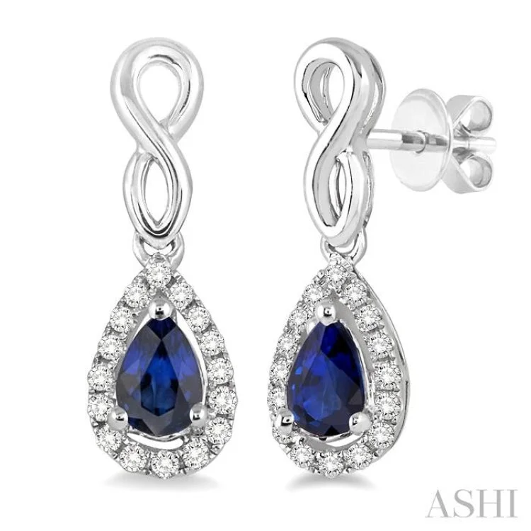 Ladies big hoop earrings-5x3 MM Pear Shape Sapphire and 1/6 Ctw Round Cut Diamond Earrings in 10K White Gold