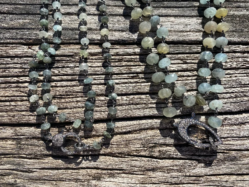 Ladies custom necklace design-Moss Aquamarine Beaded Necklace with Pave Diamond Clasp