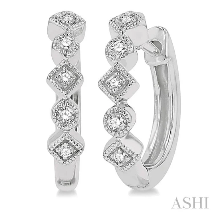 Ladies luxury earrings-1/10 Ctw Circular & Rhombus Mount Round Cut Diamond Huggie Earrings in 10K White Gold