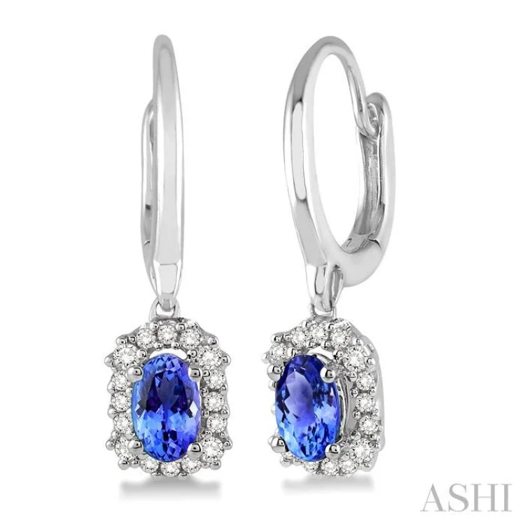 Ladies silver drop earrings-5x3 MM Oval Cut Tanzanite and 1/6 Ctw Round Cut Diamond Earrings in 14K White Gold