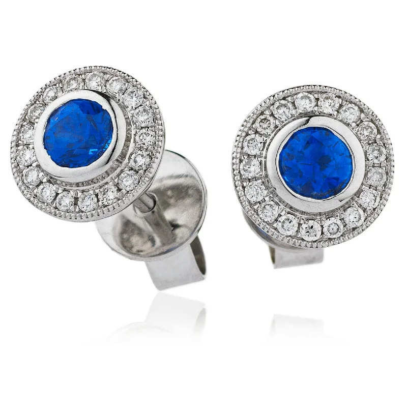 Ladies matching earrings-SAPPHIRE HALO RUB OVER SETTING STUD EARRINGS