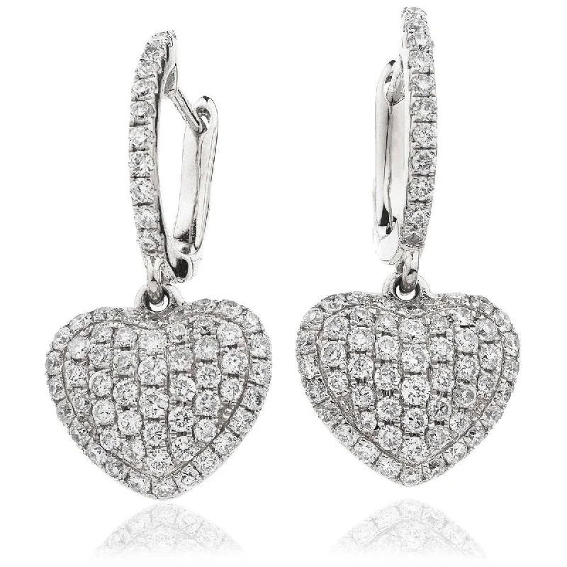 Ladies large statement earrings-DIAMOND HEART SHAPE AND PAVE SETTING DROP EARRINGS IN 18K WHITE GOLD