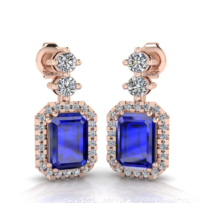 Ladies 3-stone earrings-Emerald Cut 1 Carat Sapphire Lab Grown Diamond Halo Drop Earrings E1ECS