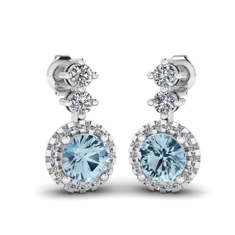 Ladies diamond drop earrings-Aquamarine 1.10 Carat Round Shape Halo Lab Grown Diamond Drop Earrings E1RBA