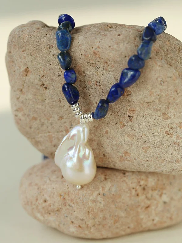 Ladies handmade necklace-Stunning Lapis Lazuli Baroque Pearl Pendant Necklace