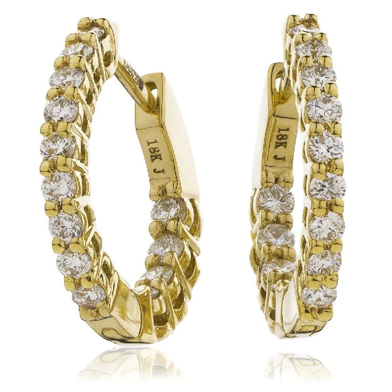 Ladies sophisticated earrings-DIAMOND CLAW SETTING HOOP EARRINGS IN 18K YELLOW GOLD