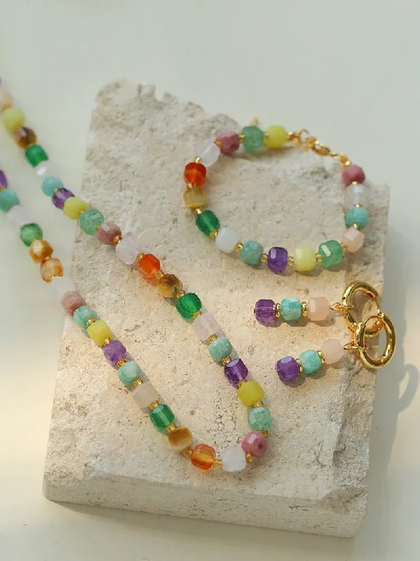 Ladies personalized necklace-Rainbow Candy Cube Gemstone Beaded Necklace