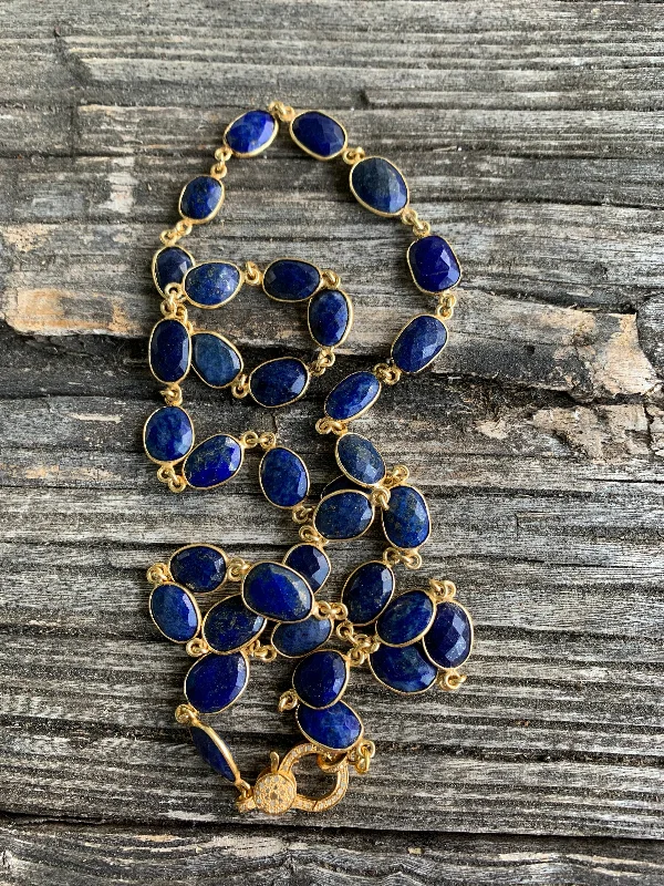 Ladies classic gold necklace-Lapis Bezel Necklace with Pave Diamond Gold Clasp