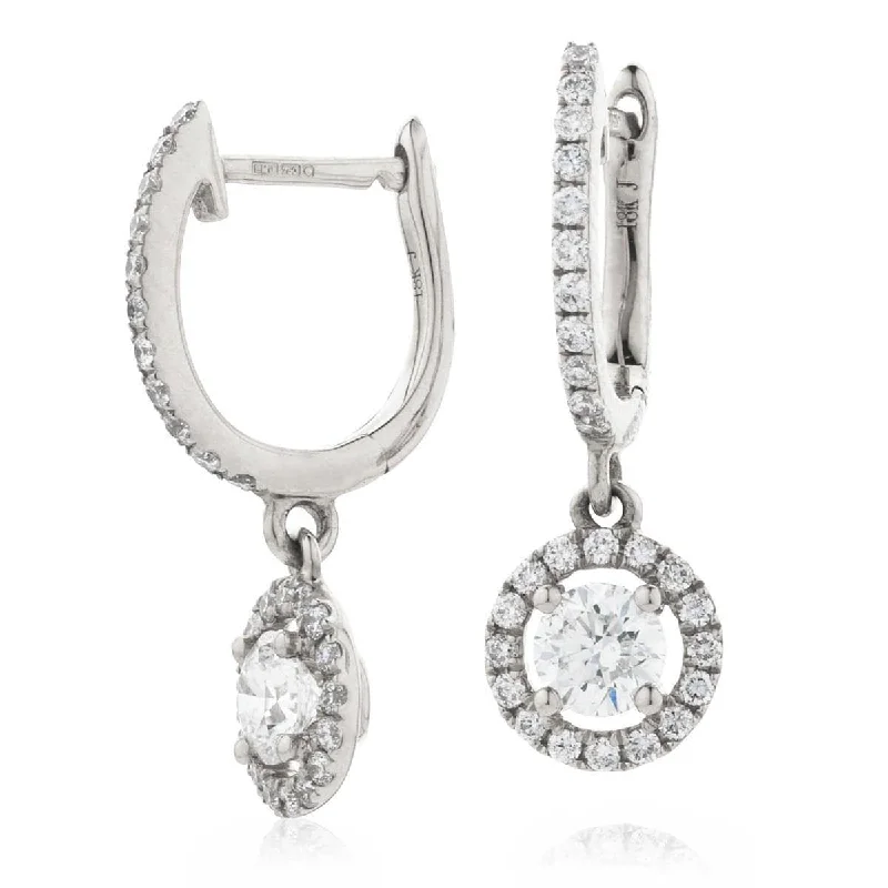 Ladies classic gold earrings-DIAMOND HALO DROP HOOP EARRINGS IN 18K WHITE GOLD