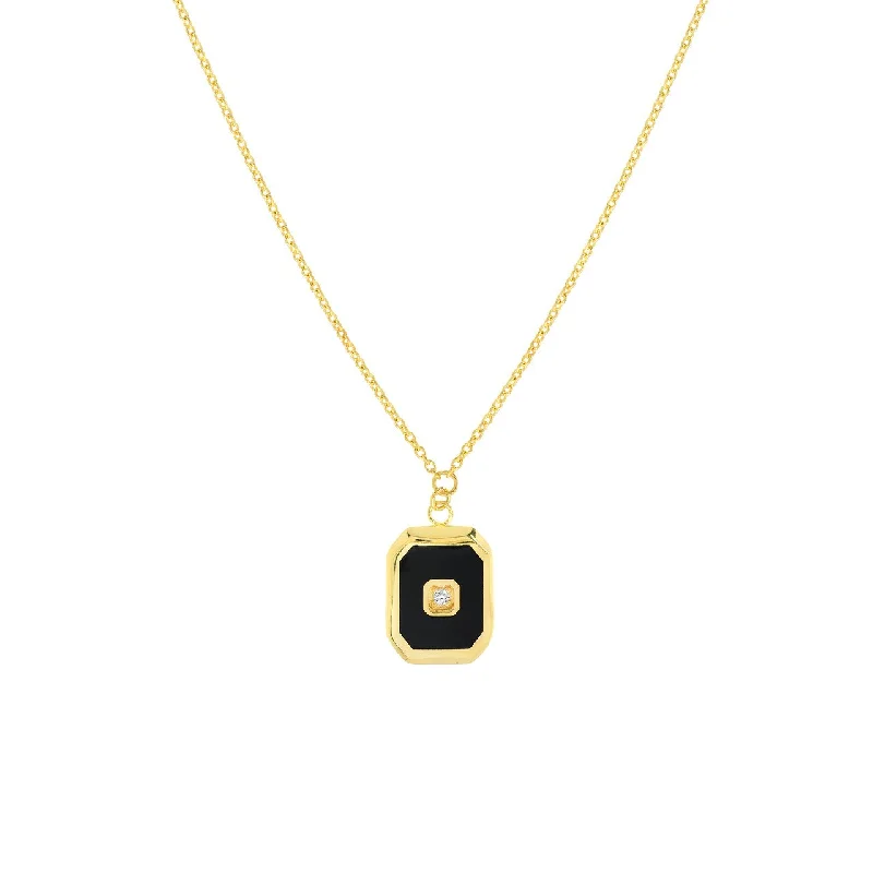 Ladies gemstone necklace-14K Yellow Gold Black Enamel Octagon Enamel Necklace