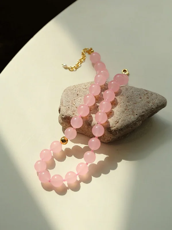 Ladies infinity necklace-Resort Style Summer Pink Beaded Collarbone Chain