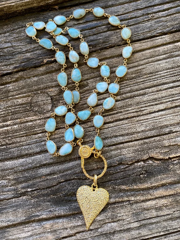 Ladies double pendant necklace-Larimar Necklace with Gold Pave Diamond Clasp. Pave Diamond Heart Pendant