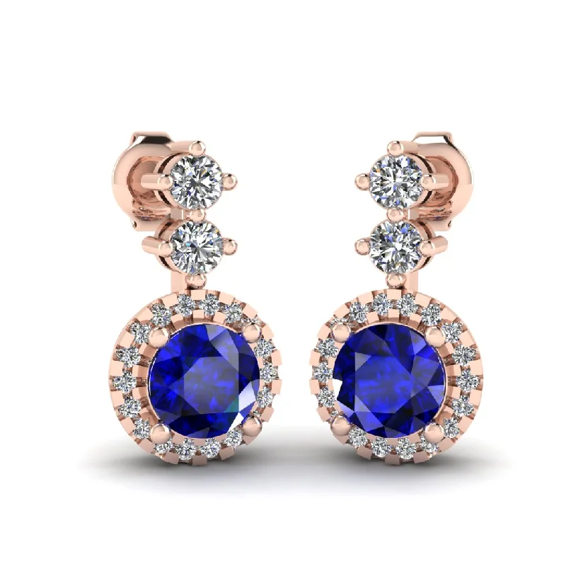 Ladies tear-drop earrings-Sapphire 1.10 Carat Round Shape Halo Natural Diamond Drop Earrings E1RBS