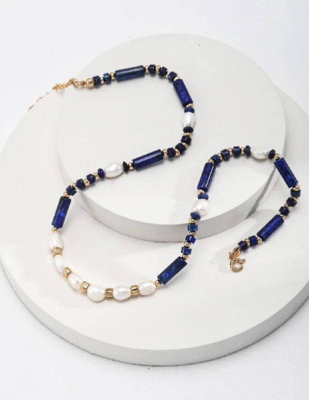 Ladies large pendant necklace-Lapis and Pearl Beaded Necklace