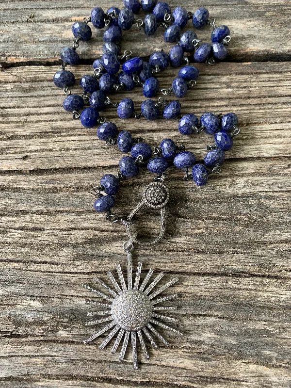 Ladies birthstone necklace gift-Blue Lapis Beaded Necklace with Pave Diamond Clasp. Pave Diamond Starburst Pendant