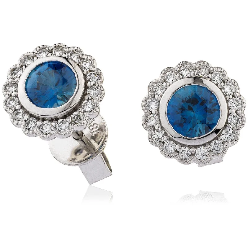 Ladies silver earrings-SAPPHIRE HALO STUD EARRINGS