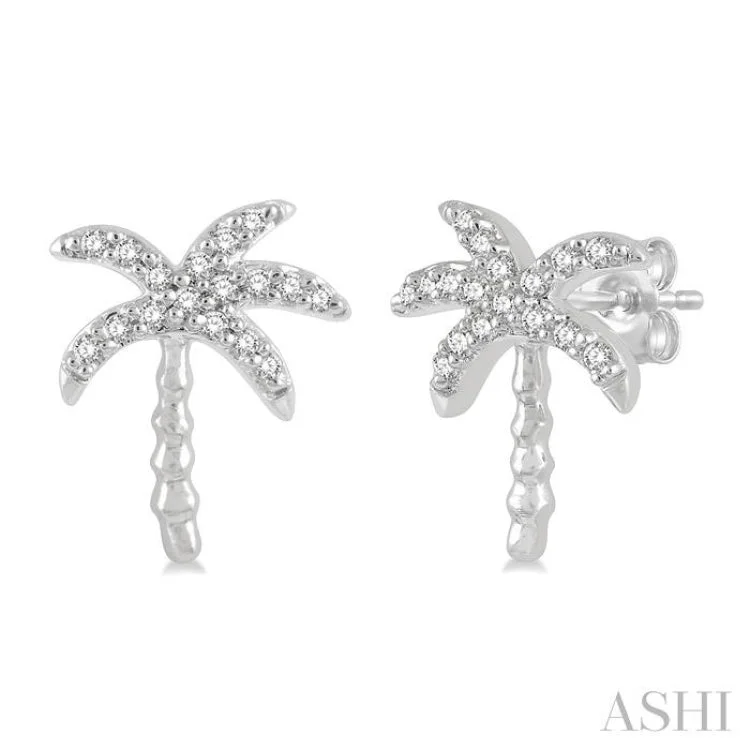 Ladies birthstone earrings-1/10 Ctw Palm Tree Round Cut Diamond Petite Fashion Earring in 10K White Gold