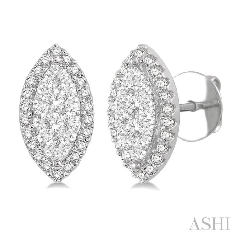 Ladies diamond stud earrings-1/2 Ctw Marquise Shape Lovebright Round Cut Diamond Stud Earrings in 14K White Gold