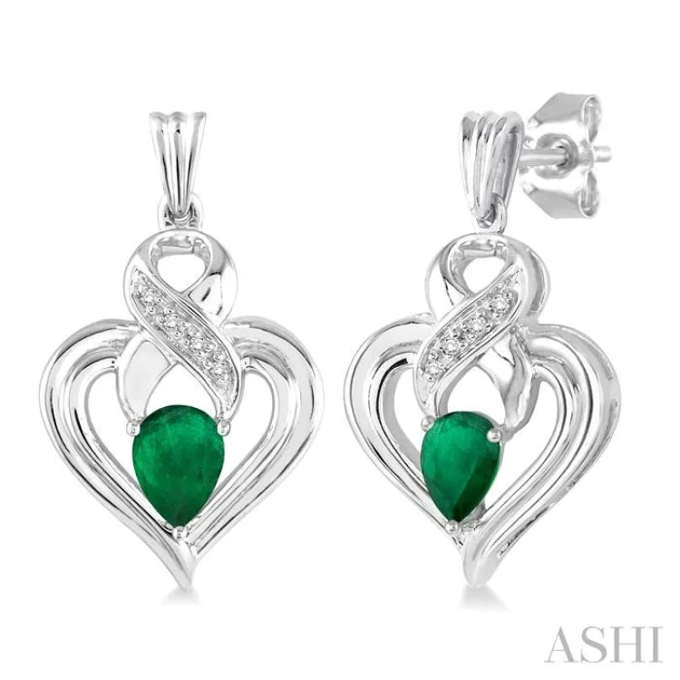 Ladies colorful earrings-5x3 mm Pear Shape Emerald and 1/50 Ctw Single Cut Diamond Earrings in Sterling Silver