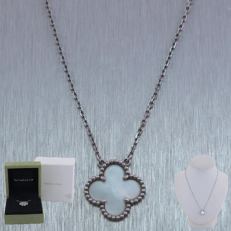 Ladies birthstone necklace-Van Cleef & Arpels 18k White Gold Alhambra Mother of Pearl Pendant 16" Necklace