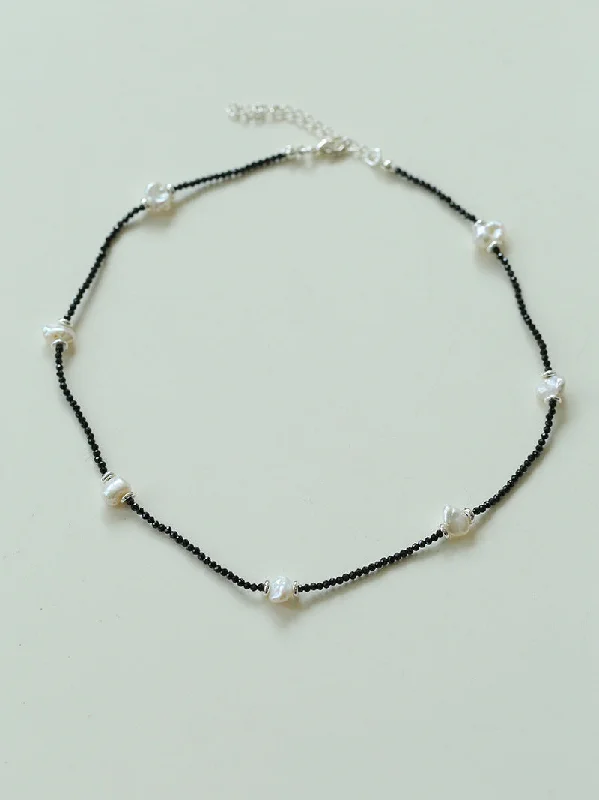 Ladies gold chain necklace-Small Petal Baroque Pearl and Black Spinel Beaded Necklace