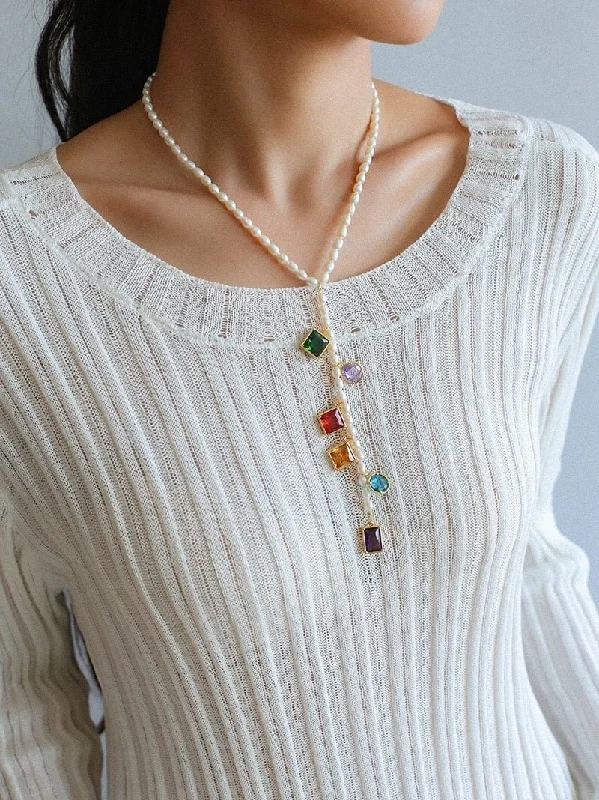 Ladies matching necklace set-Colorful Geometric Multi-Gemstone Pendant and Pearl Y-shaped Necklace