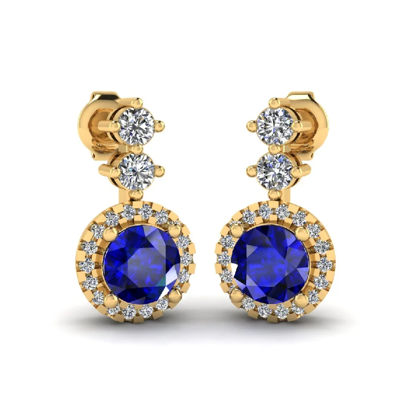 Ladies cubic zirconia stud earrings-Sapphire 1.10 Carat Round Shape Halo Lab Grown Diamond Drop Earrings E1RBS