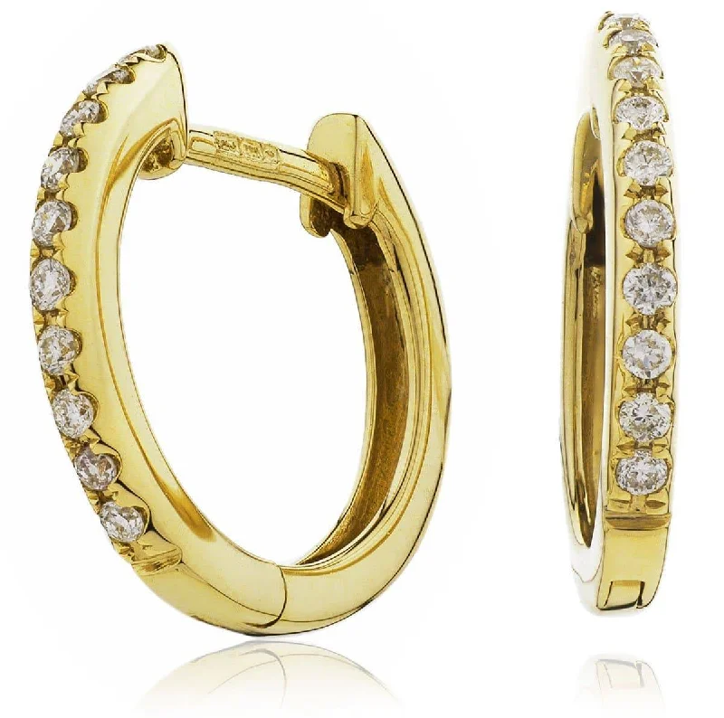 Ladies gold drop earrings-DIAMOND MICRO SET HOOP EARRINGS IN 18K YELLOW GOLD