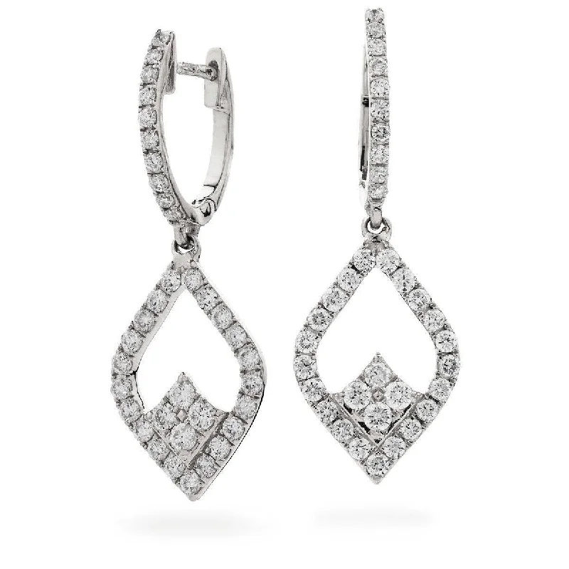 Ladies gold stud earrings-DIAMOND FANCY DROP EARRINGS IN 18K WHITE GOLD