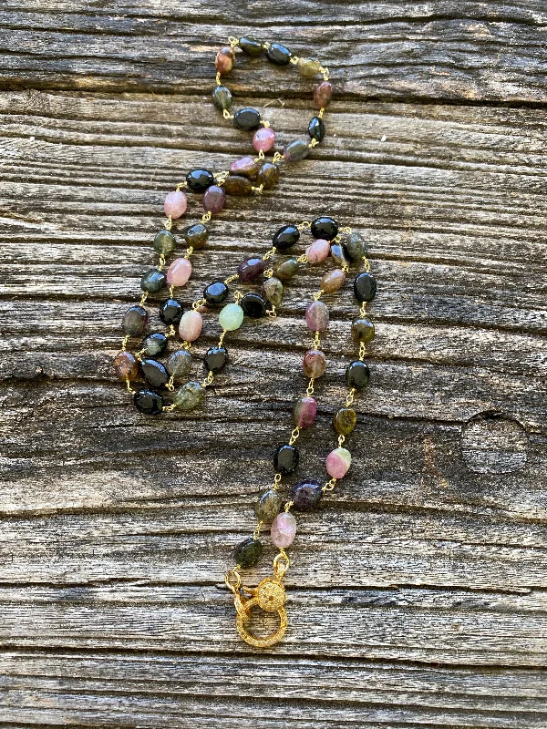 Ladies heirloom necklace-Watermelon Tourmaline Beaded Necklace with Pave Diamond Clasp