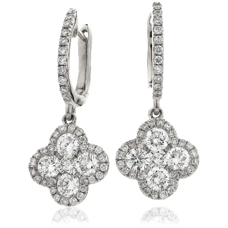 Ladies diamond stud earrings-DIAMOND CLUSTER AND HALO DROP EARRINGS IN 18K WHITE GOLD