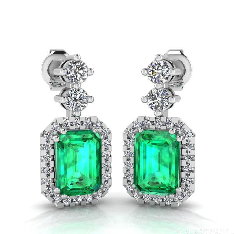 Ladies dangly hoop earrings-Emerald Cut 1 Carat Emerald Lab Grown Diamond Halo Drop Earrings E1ECE