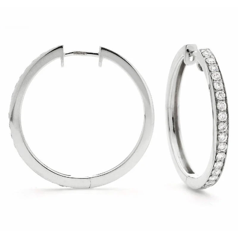 Ladies 3-stone earrings-DIAMOND GRAIN SETTING HOOP EARRINGS IN 18K WHITE GOLD