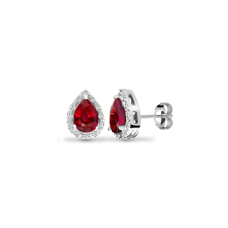 Ladies flower-shaped earrings-RUBY HALO STUD EARRINGS IN 9K WHITE GOLD