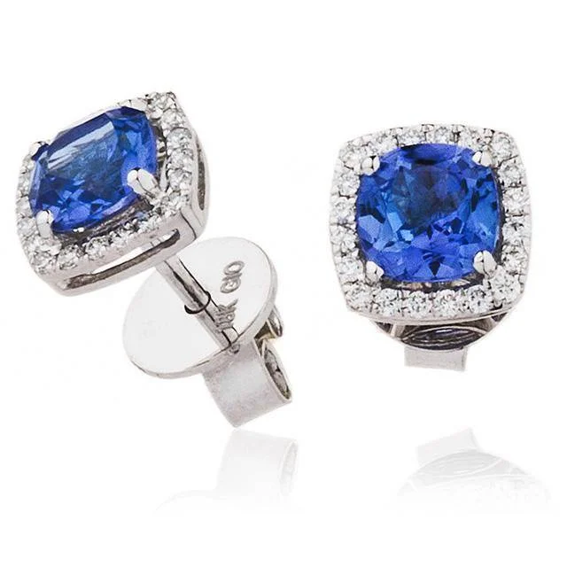 Ladies butterfly earrings-Cushion Cut Tanzanite with Diamond Halo Studs